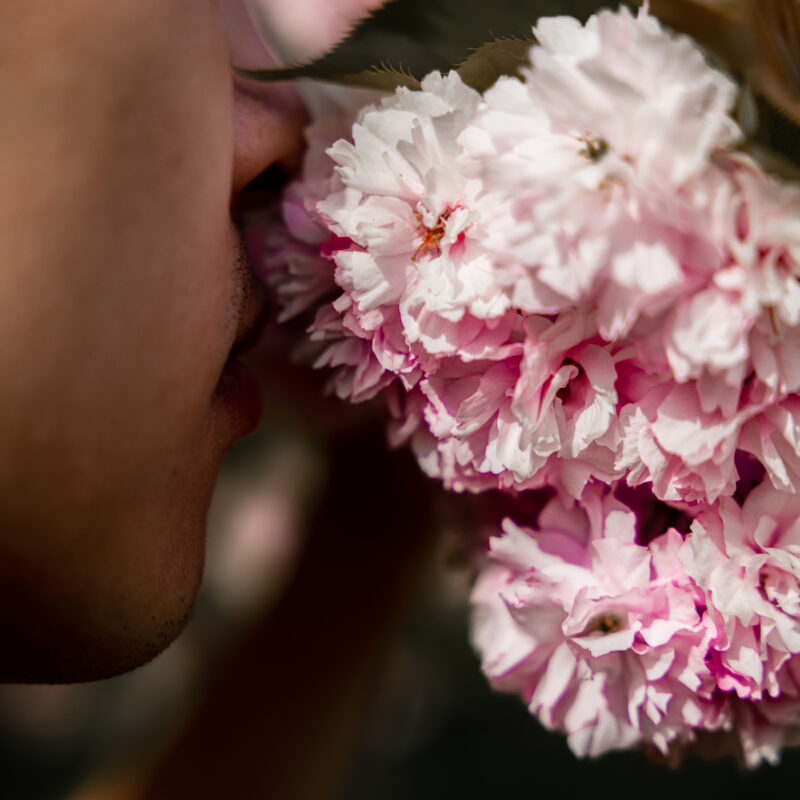 A person smelling a beautiful flower during a mental health day.