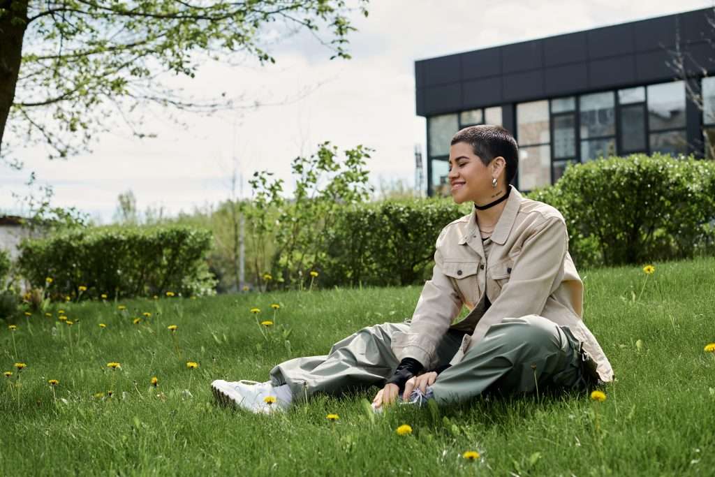 A student sitting on a grass field after successfully finding out the answer to the question "do mental health days improve grades"